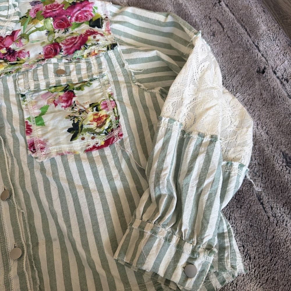 Pol Patchwork Lace Blue White Stripe Button Up Sh… - image 4